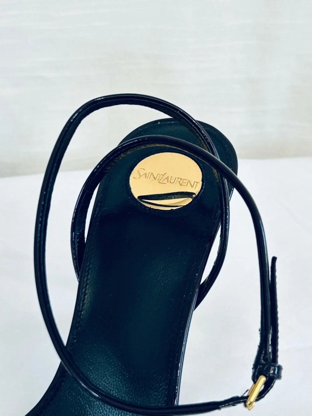 Saint Laurent Designer Patent Leather Strappy Sandals with Gold Heels - Picture 3 of 13